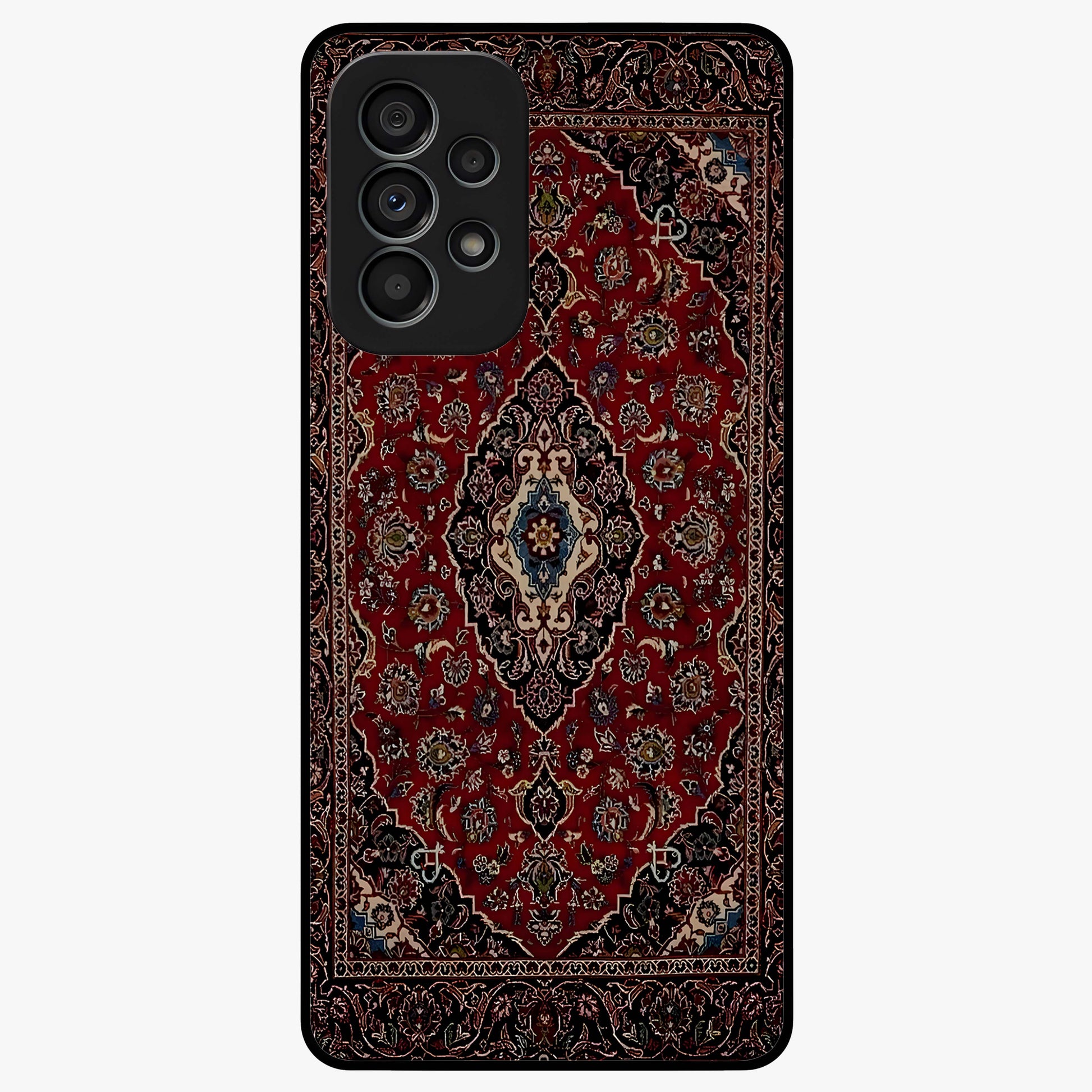 Heritage Carpet Royale Glass Case showing flat back view with ornate Persian carpet inspired pattern and glossy glass finish.