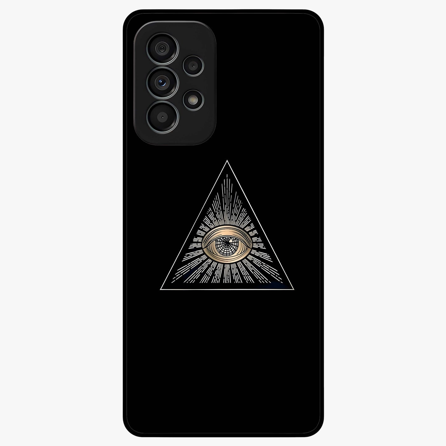 Illuminati Evil Glass Case showing flat back view with mysterious illuminati symbol artwork and glossy glass finish.