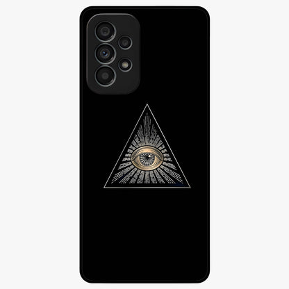Illuminati Evil Glass Case showing flat back view with mysterious illuminati symbol artwork and glossy glass finish.