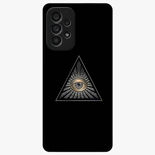 Illuminati Evil Glass Case showing flat back view with mysterious illuminati symbol artwork and glossy glass finish.