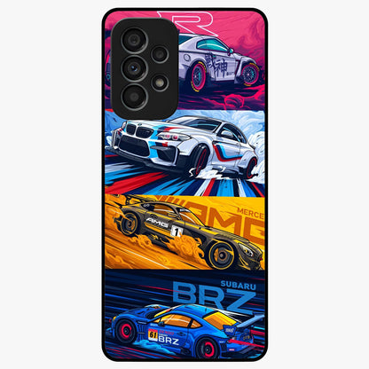 JDM Sports Car Glass Case showing flat back view with high performance sports car artwork and glossy glass finish.