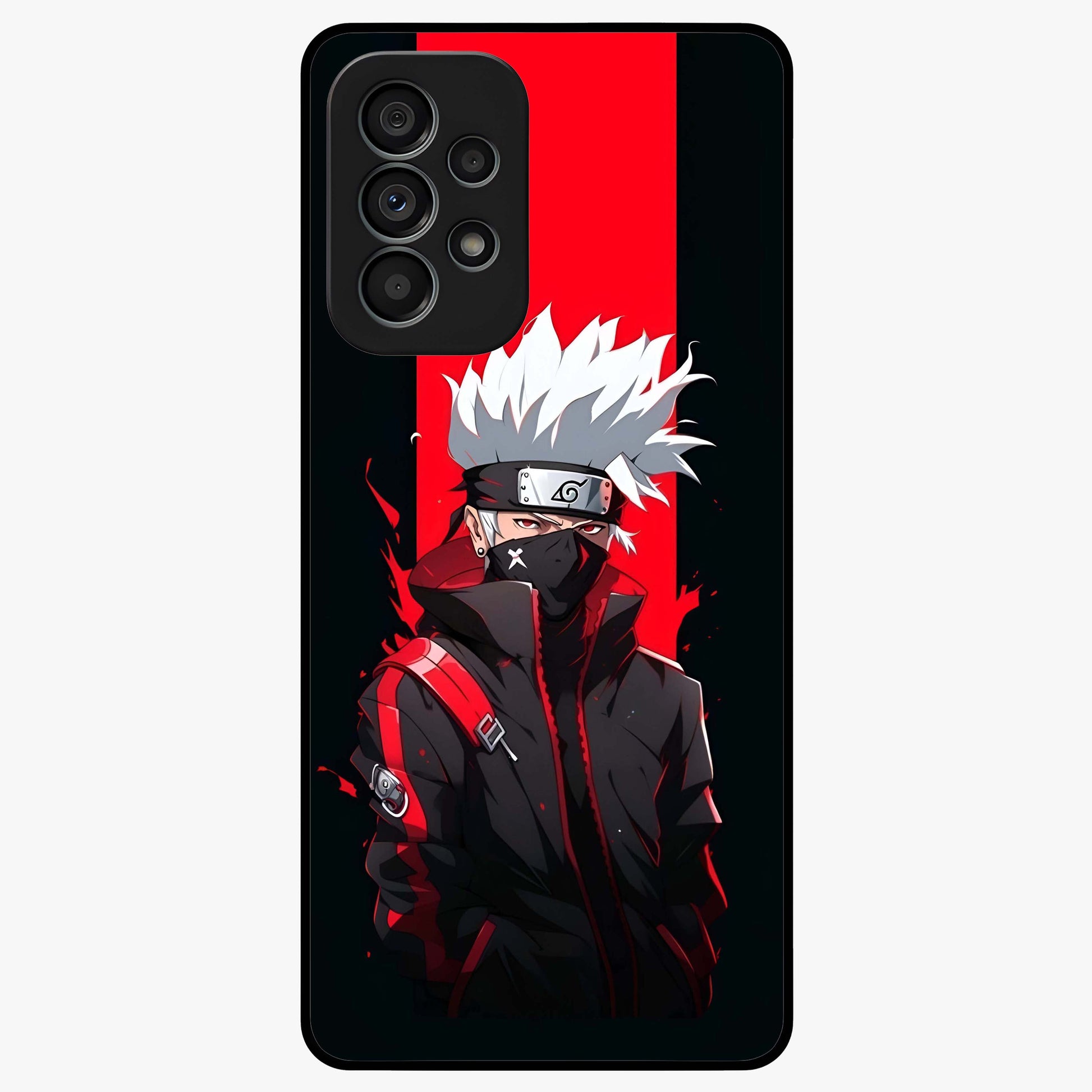 Kakashi Scarlet Shadow Glass Case showing flat back view with powerful anime ninja artwork and glossy glass finish.