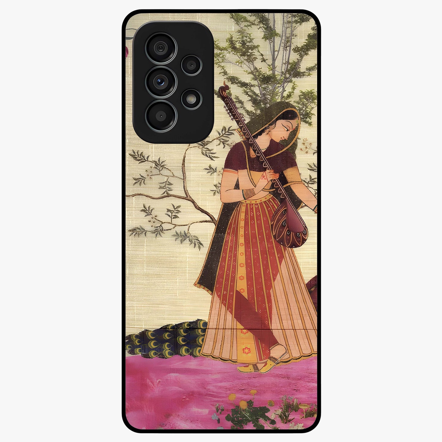Lady With Veena Art Glass Case showing flat back view with elegant woman playing veena artwork and glossy glass finish.