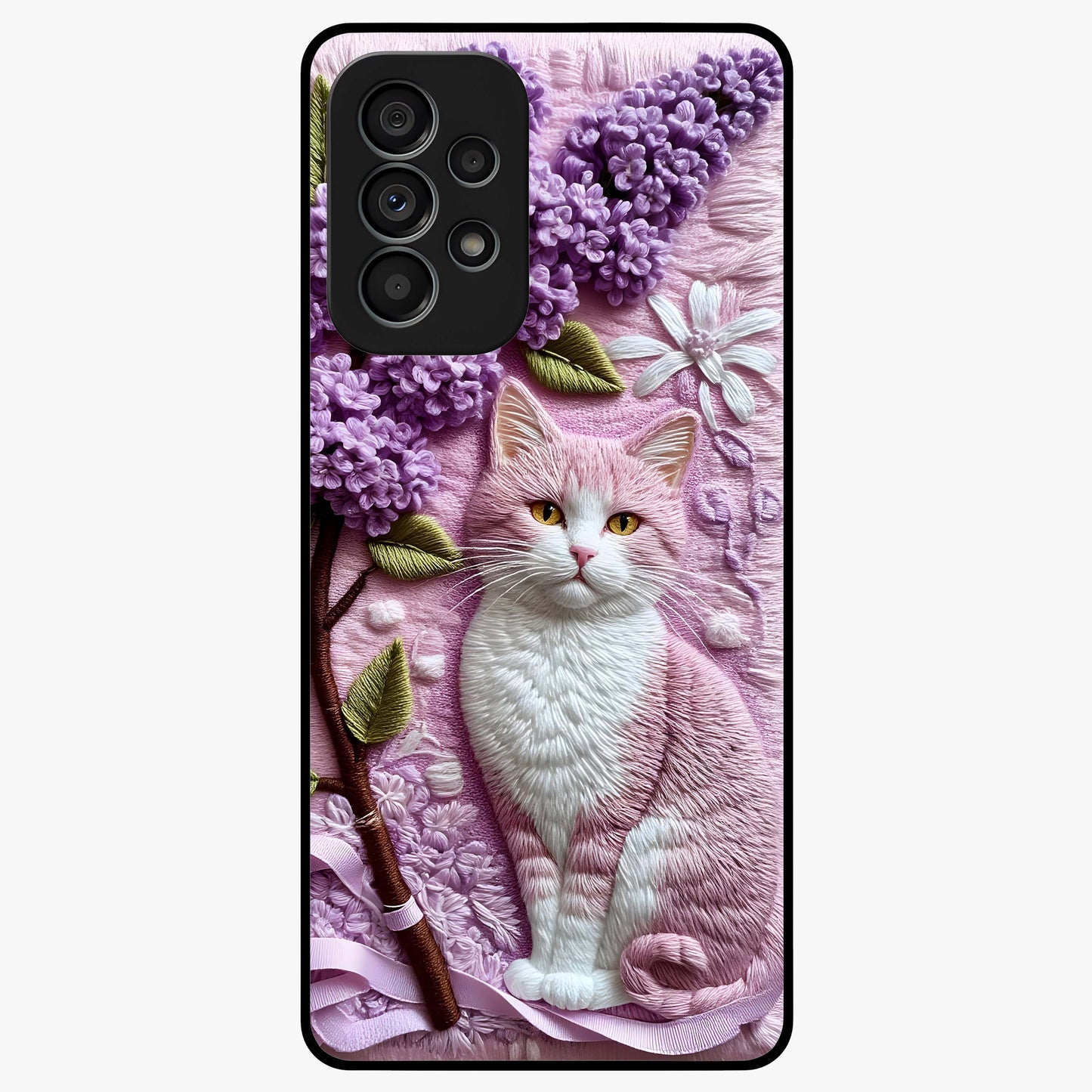 Lavender Cat Whimsy Glass Case showing flat back view with cute lavender cat artwork and glossy glass finish.
