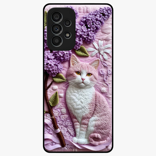Lavender Cat Whimsy Glass Case showing flat back view with cute lavender cat artwork and glossy glass finish.
