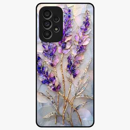 Lavender Dream Glow Glass Case showing flat back view with glowing lavender aesthetic artwork and glossy glass finish.