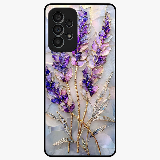 Lavender Dream Glow Glass Case showing flat back view with glowing lavender aesthetic artwork and glossy glass finish.