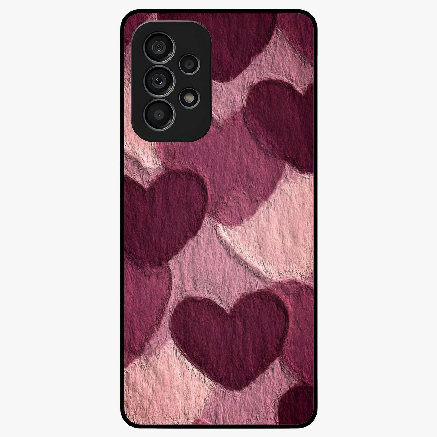 Layered Paper Hearts Glass Case showing flat back view with layered paper heart artwork and glossy glass finish.
