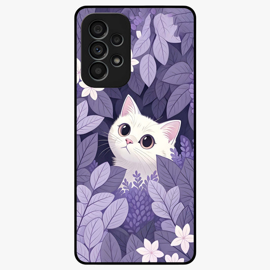 Lilac Hide Peek Cat Glass Case showing flat back view with cute peeking cat artwork and glossy glass finish.