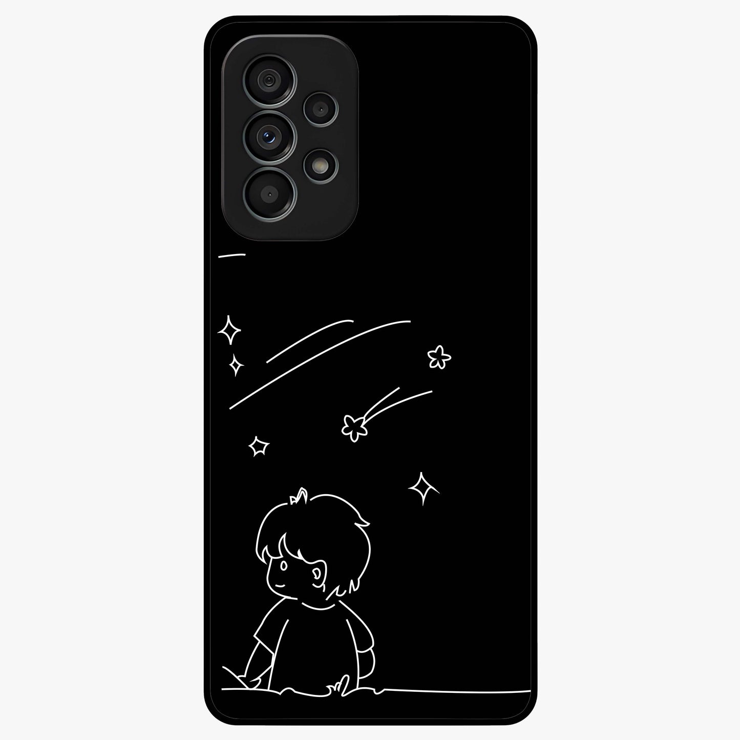 Line Art Boy With Shooting Stars Glass Case showing flat back view with minimal line art boy and shooting stars illustration and glossy glass finish.