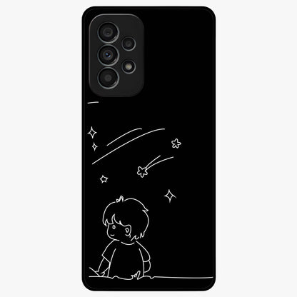 Line Art Boy With Shooting Stars Glass Case showing flat back view with minimal line art boy and shooting stars illustration and glossy glass finish.