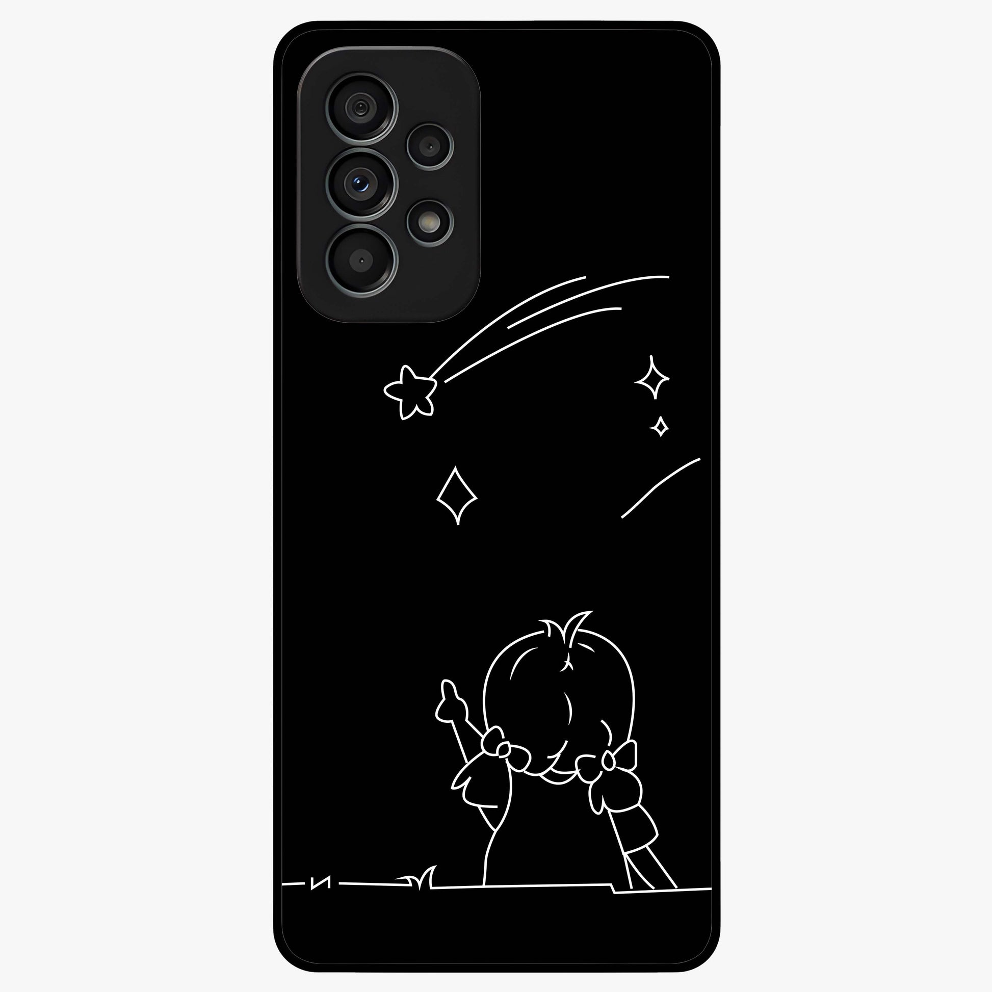 Line Art Girl With Shooting Stars Glass Case showing flat back view with minimal line art girl and shooting stars illustration and glossy glass finish.