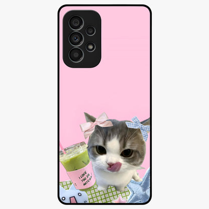Love Matcha Cat Glass Case showing flat back view with cute cat and matcha themed artwork and glossy glass finish.