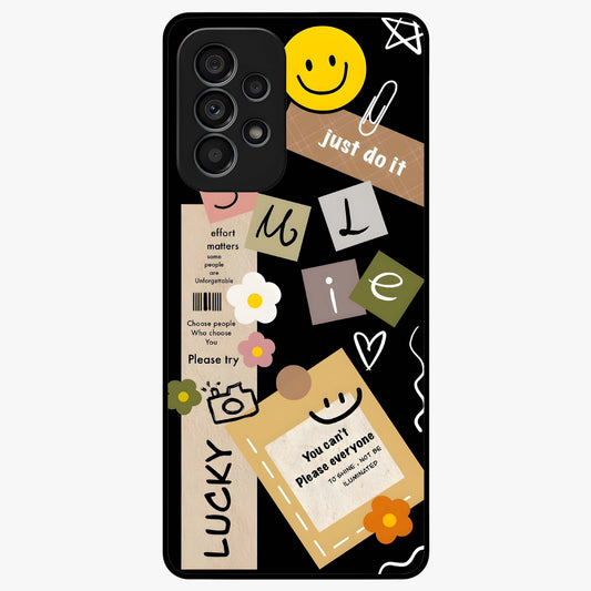 Lucky Aesthetic Collage Glass Case showing flat back view with trendy aesthetic collage artwork and glossy glass finish.