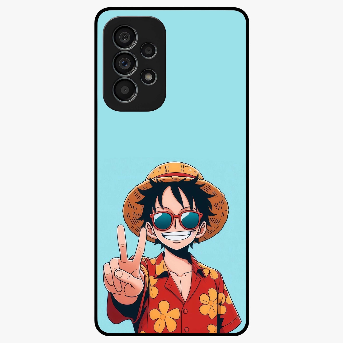 Luffy Summer Anime Vibe Glass Case showing flat back view with vibrant anime character artwork and glossy glass finish.