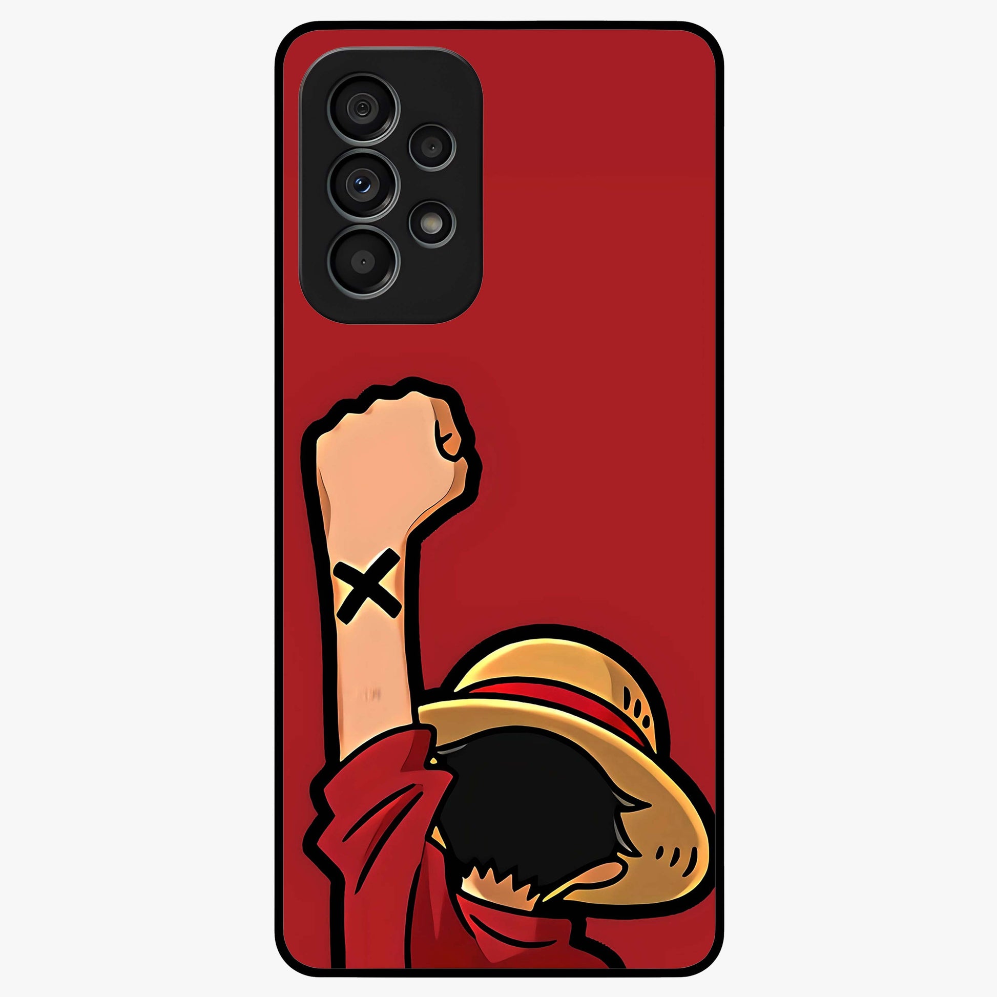 Luffy X Spirit Glass Case showing flat back view with bold anime character artwork and glossy glass finish.