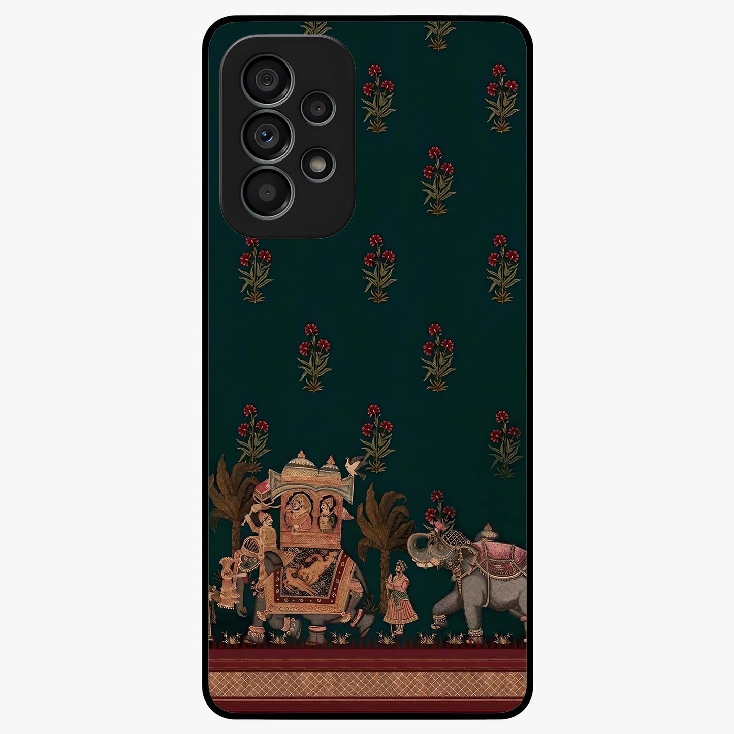 Macmerise Glass Case showing flat back view with stylish modern artwork and glossy glass finish.