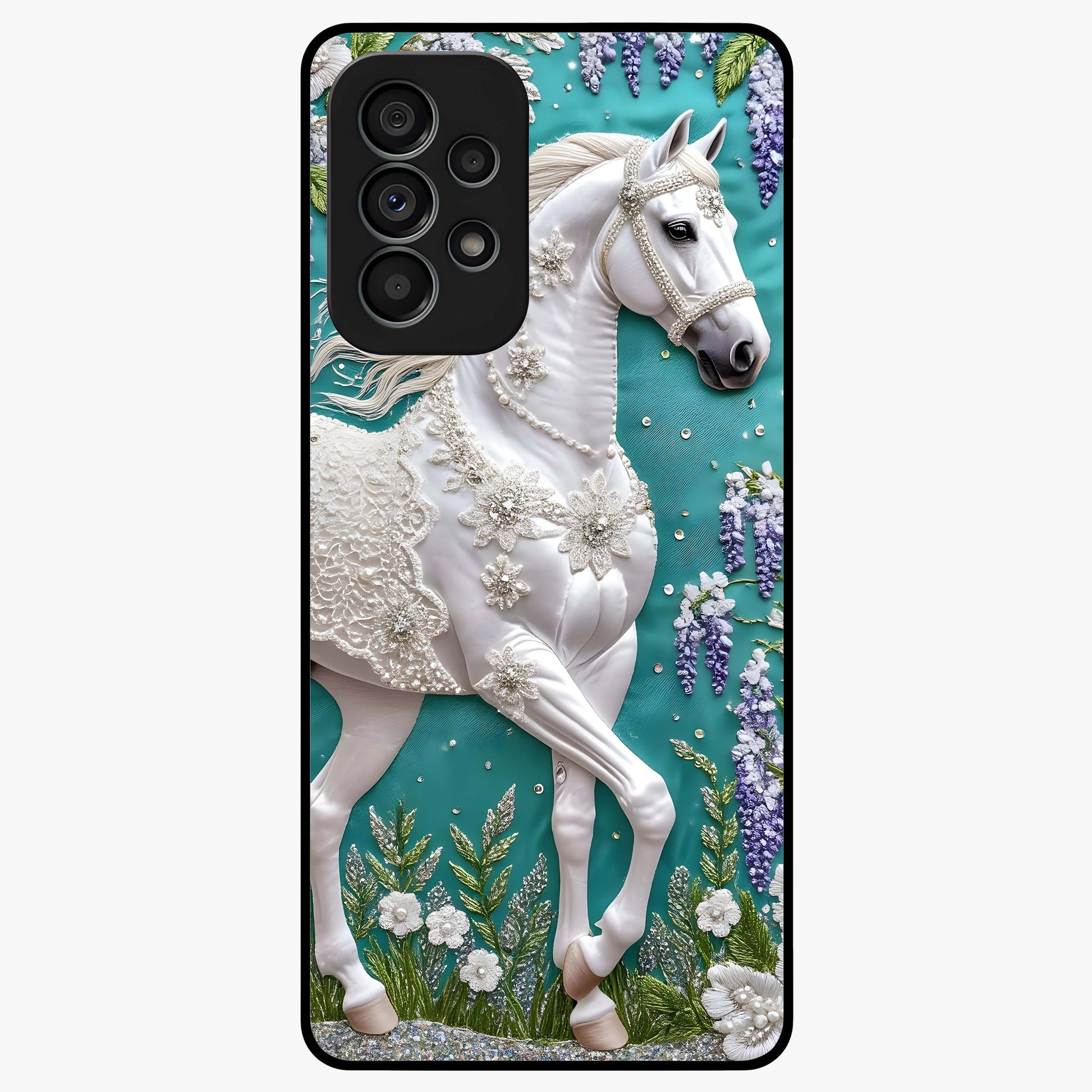 Majestic Floral Stallion Glass Case showing flat back view with powerful horse and floral artwork and glossy glass finish.