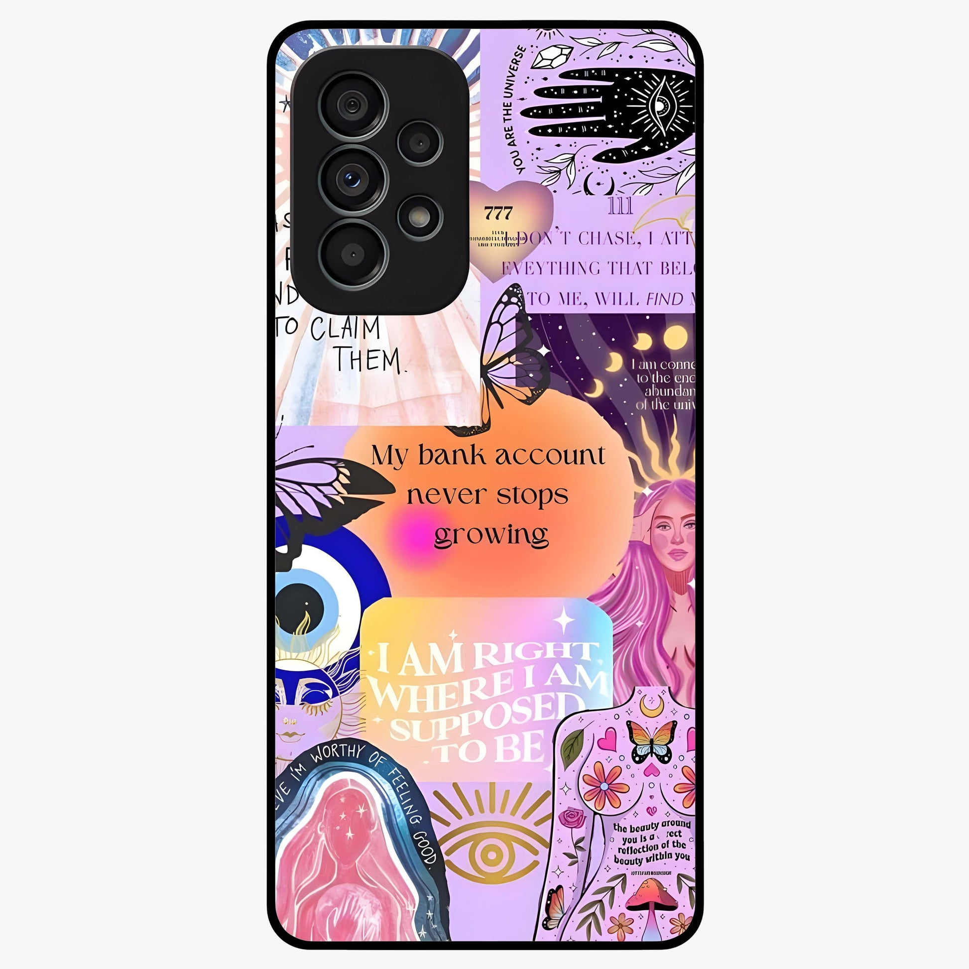 Manifestation Collage Glass Case showing flat back view with motivational collage artwork and glossy glass finish.