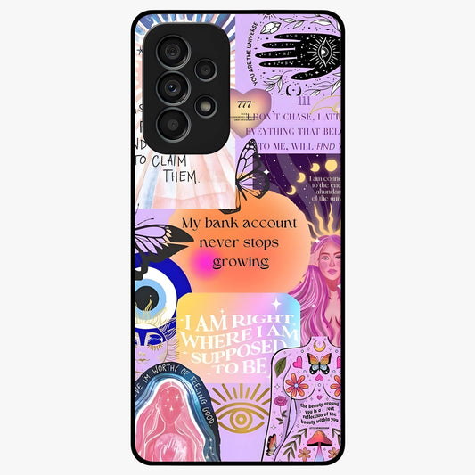 Manifestation Collage Glass Case showing flat back view with motivational collage artwork and glossy glass finish.