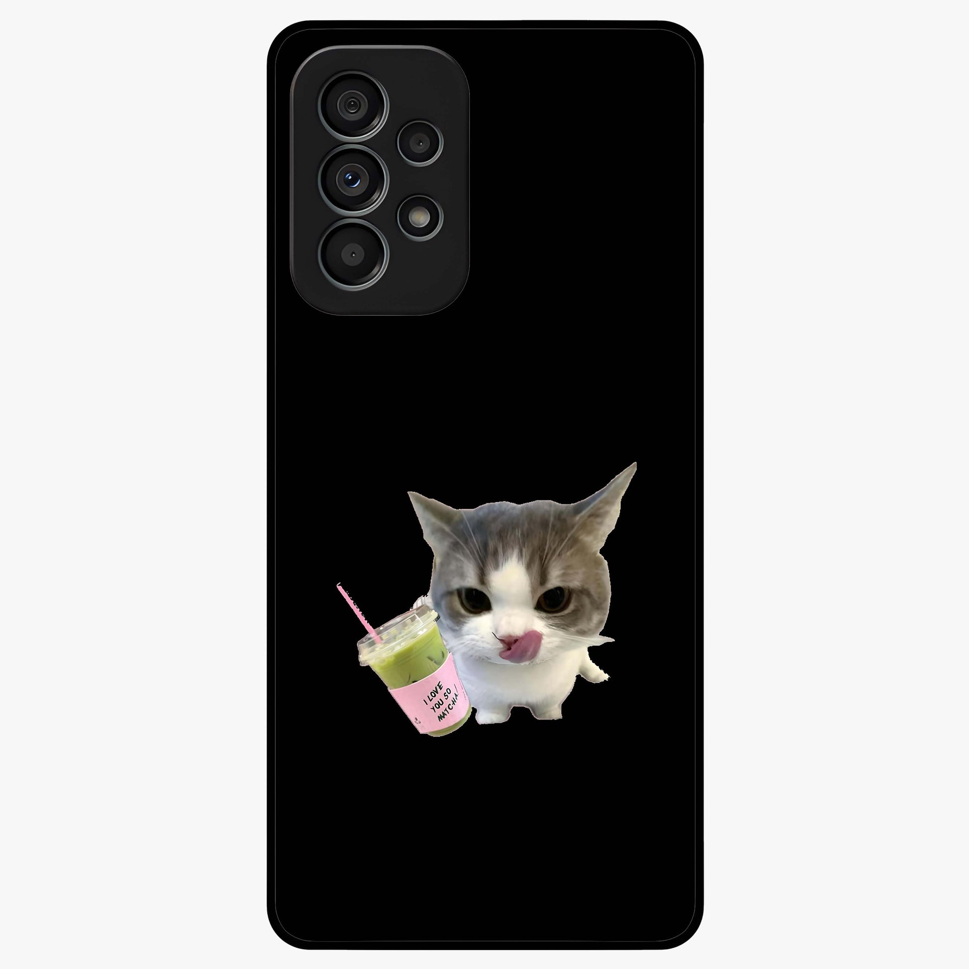 Matcha Cat Style Glass Case showing flat back view with cute matcha themed cat artwork and glossy glass finish.