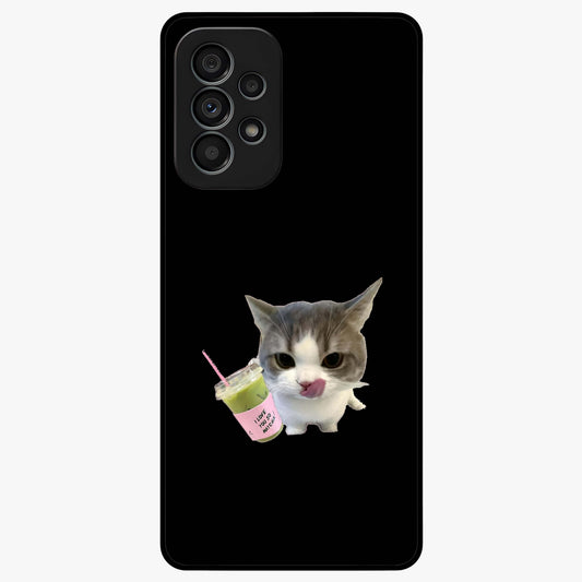 Matcha Cat Style Glass Case showing flat back view with cute matcha themed cat artwork and glossy glass finish.