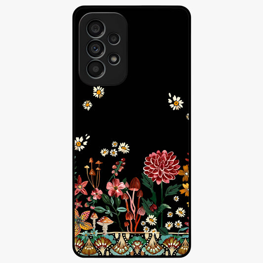 Midnight Bloom Pattern Glass Case showing flat back view with dark floral pattern artwork and glossy glass finish.