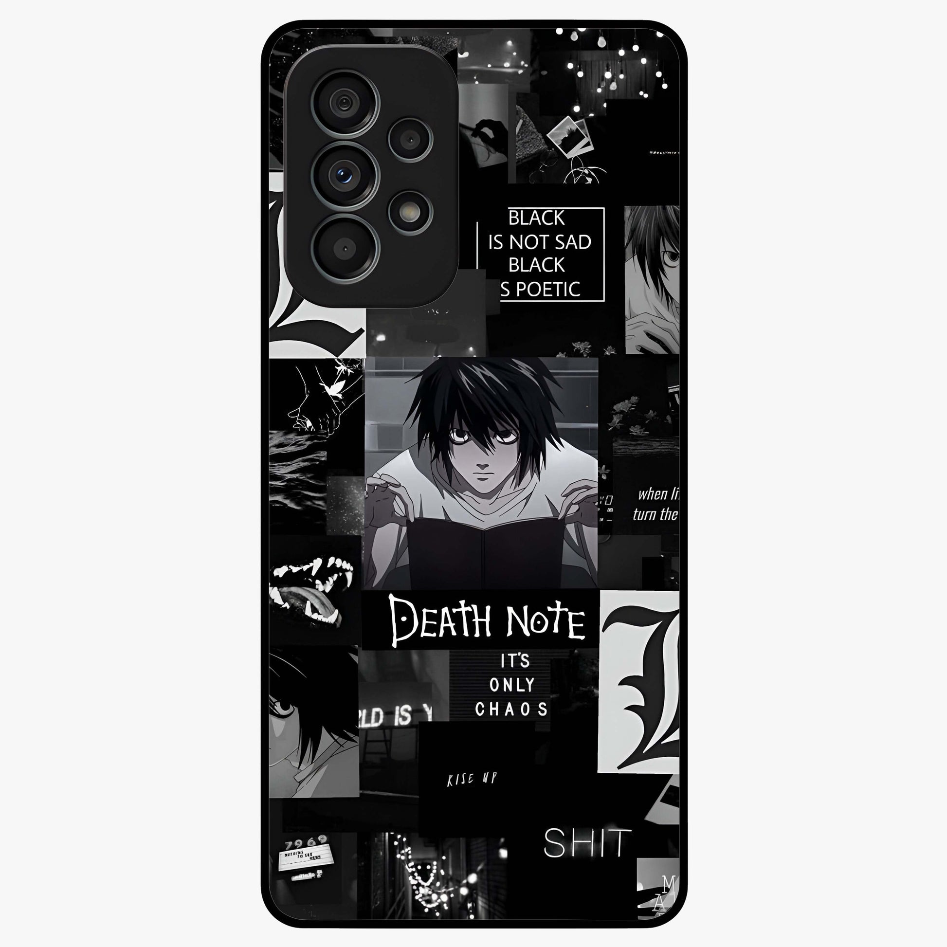 Midnight Chaos Mind Glass Case showing flat back view with abstract dark themed artwork and glossy glass finish.