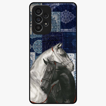 Midnight Stallion Blues Glass Case showing flat back view with majestic horse artwork and glossy glass finish.