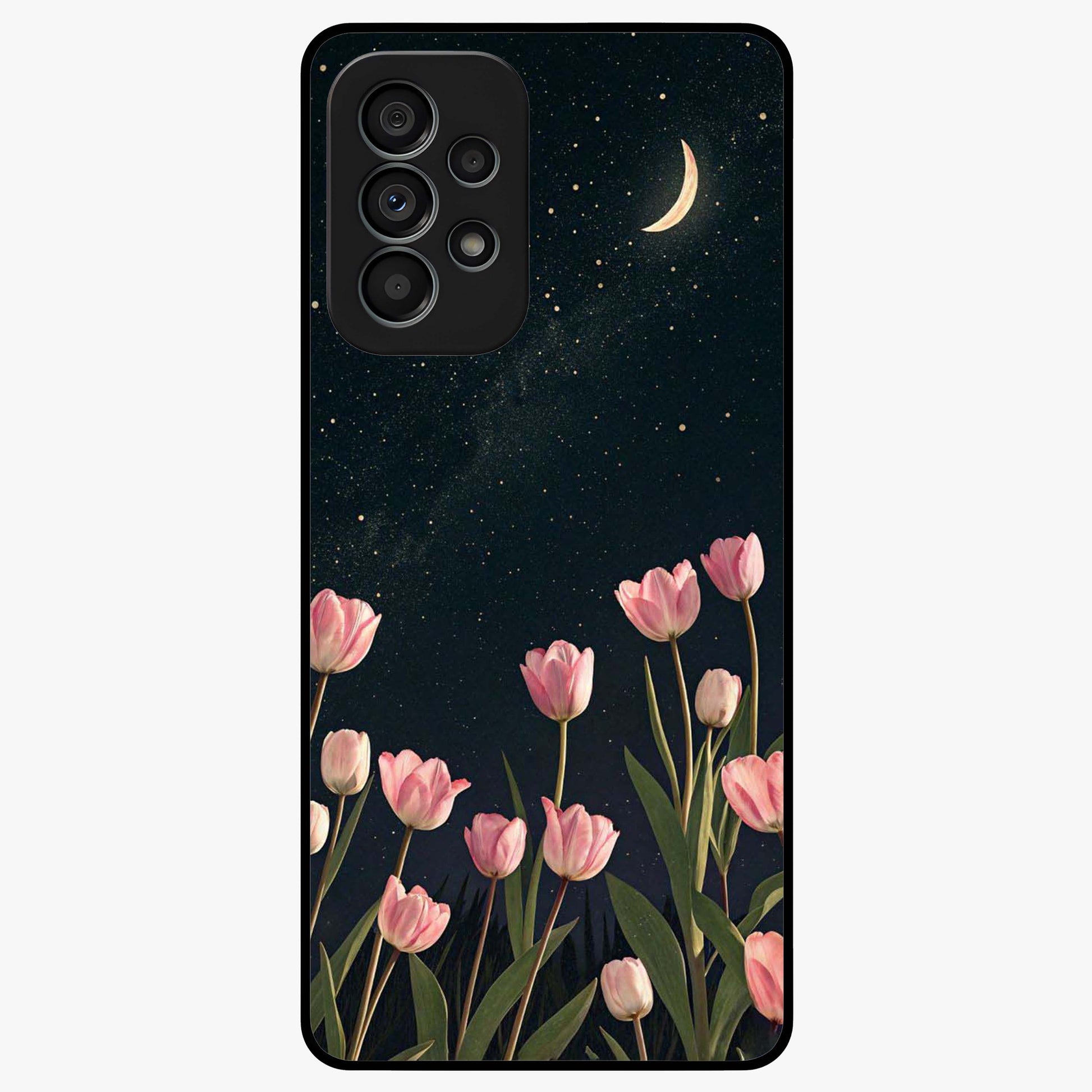 Midnight Tulip Whispers Vibe Glass Case showing flat back view with elegant tulip flower artwork and glossy glass finish.