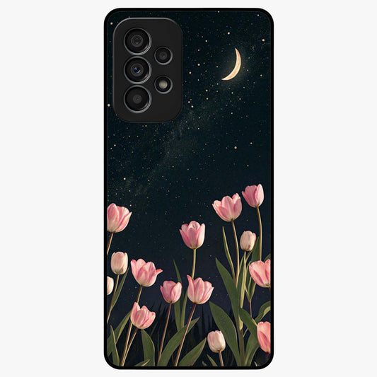Midnight Tulip Whispers Vibe Glass Case showing flat back view with elegant tulip flower artwork and glossy glass finish.