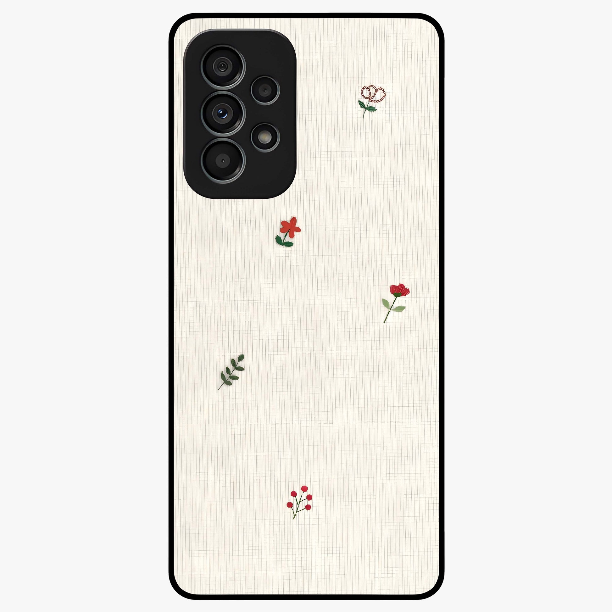Minimal Petal Whispers Glass Case showing flat back view with soft minimal floral artwork and glossy glass finish.