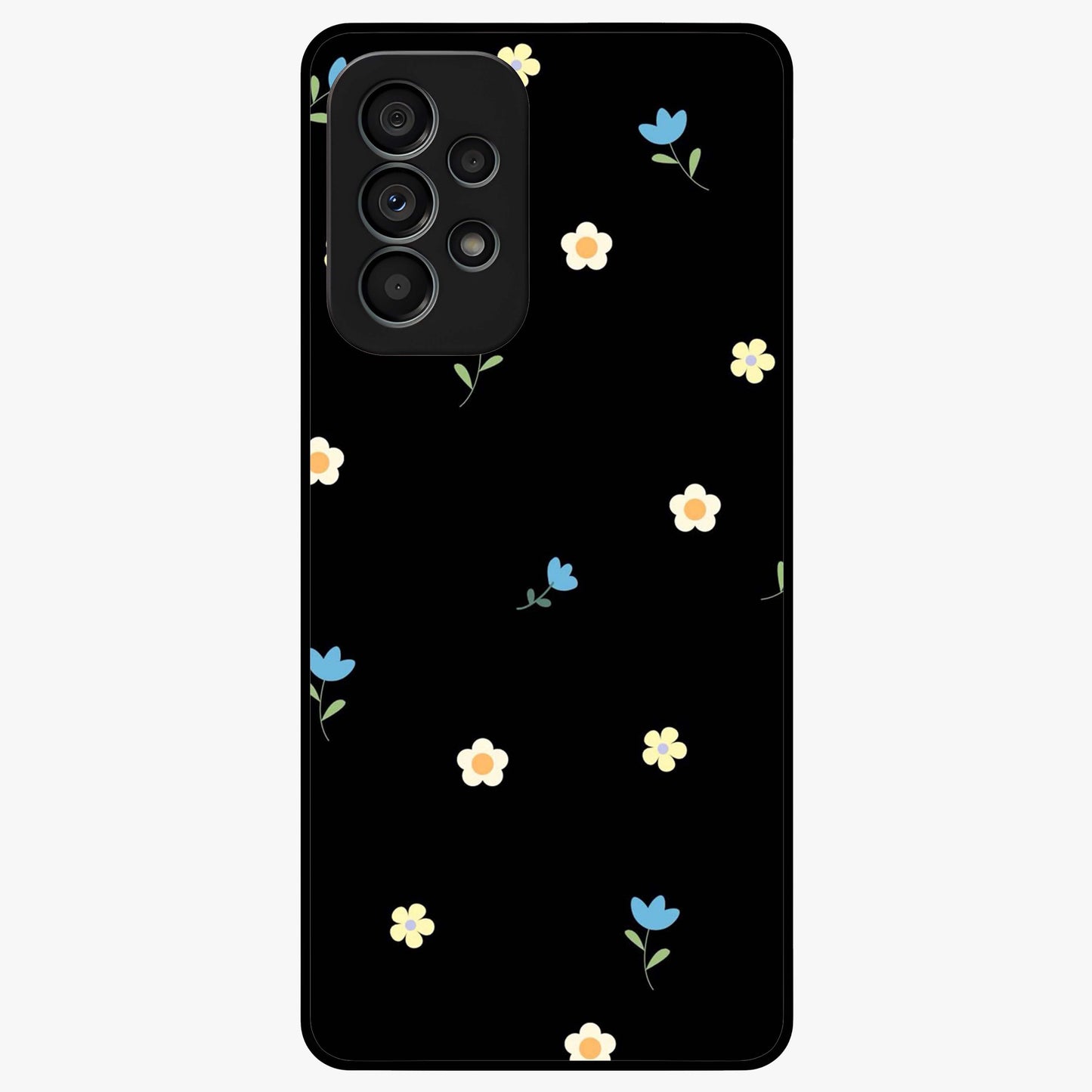 Minimalistic Blue With White Flower Pattern Glass Case showing flat back view with blue background and white flower pattern and glossy glass finish.