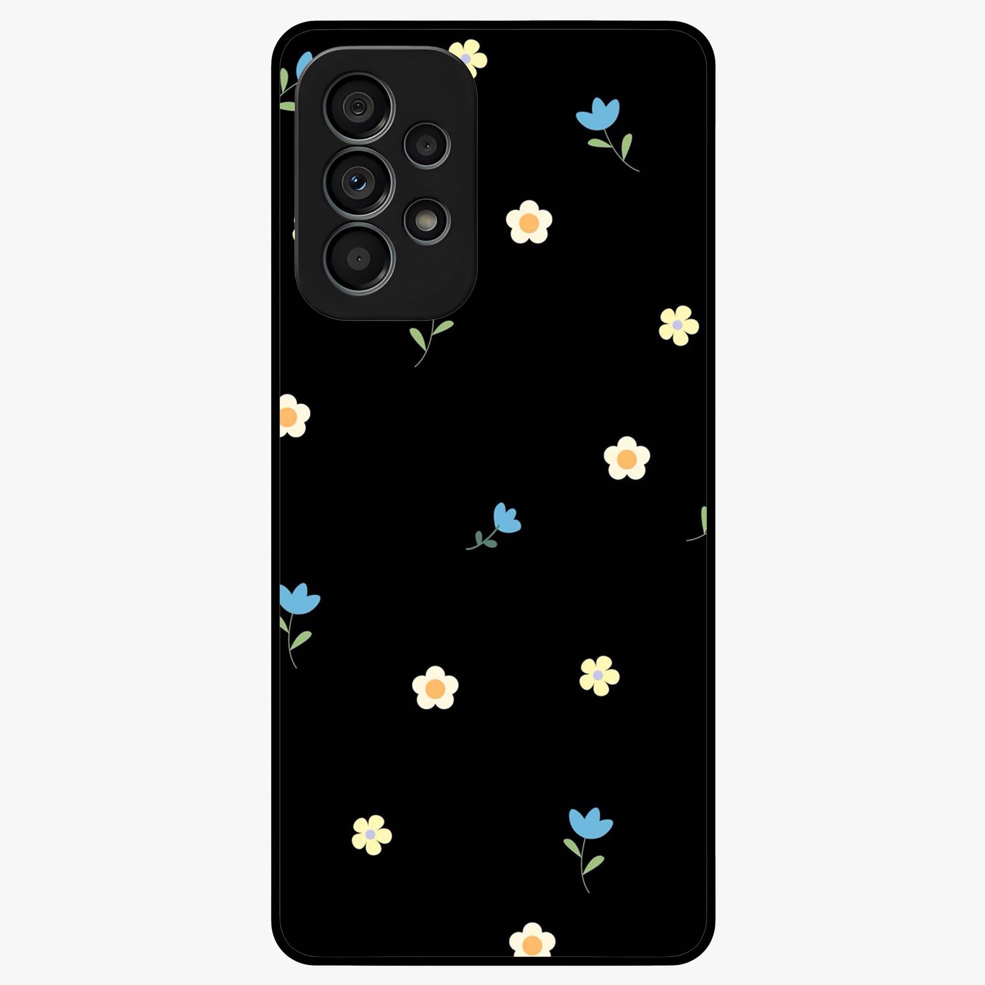 Minimalistic Blue With White Flower Pattern Glass Case showing flat back view with blue background and white flower pattern and glossy glass finish.