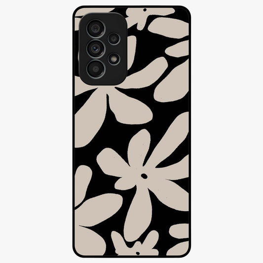 Monochrome Petal Dance Glass Case showing flat back view with monochrome floral artwork and glossy glass finish.