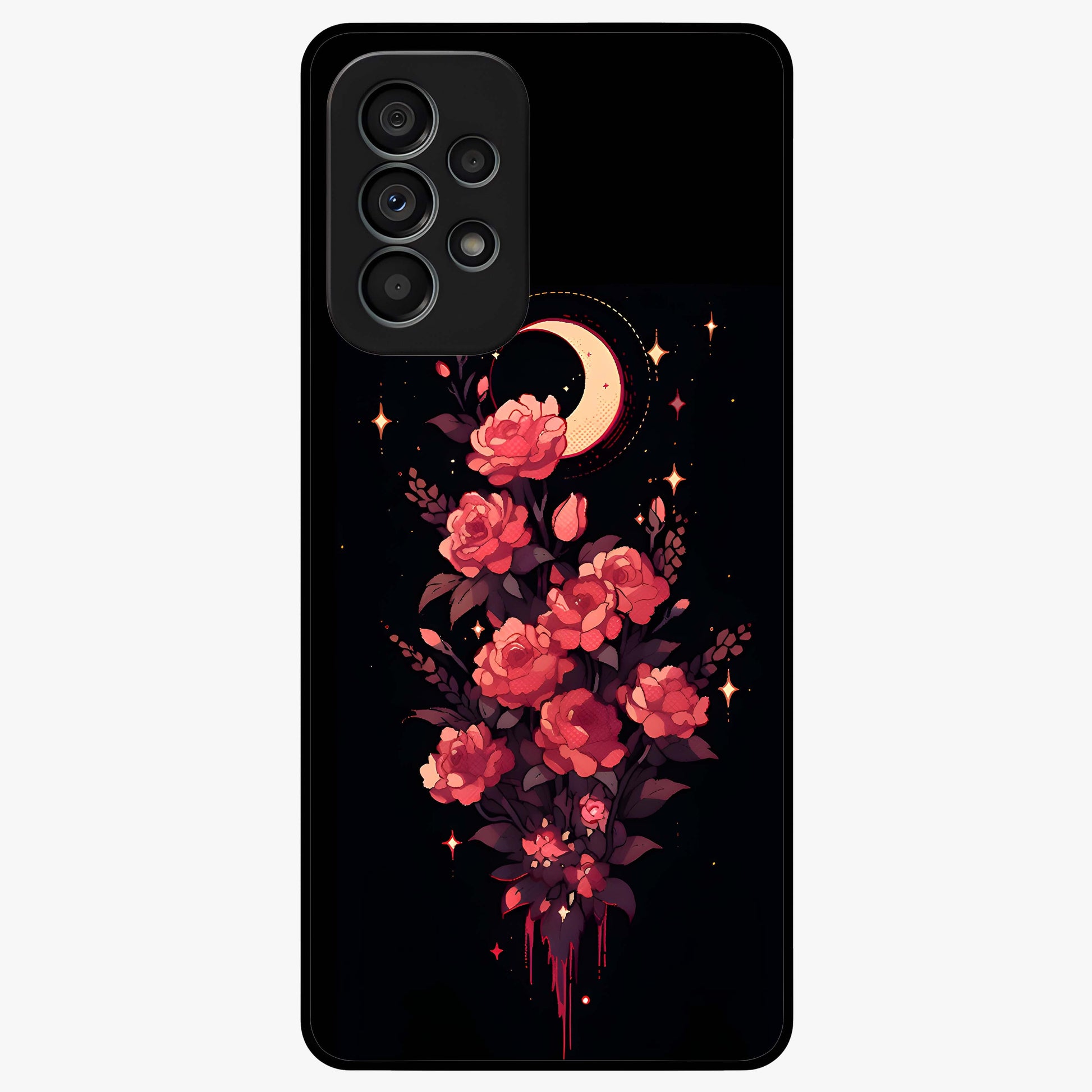 Moonlit Floral Elegance Glass Case showing flat back view with elegant floral artwork under moonlit tones and glossy glass finish.