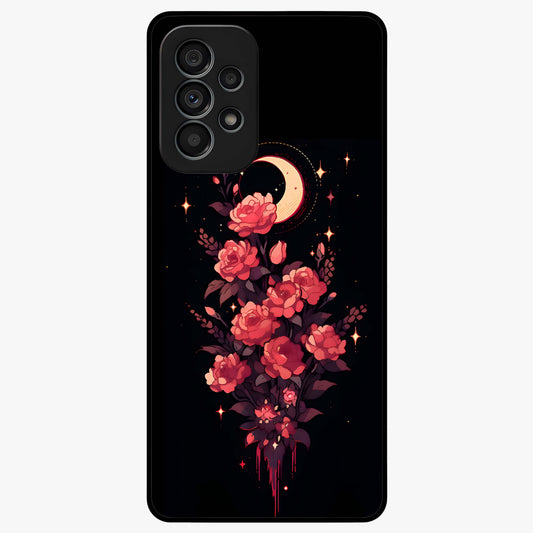 Moonlit Floral Elegance Glass Case showing flat back view with elegant floral artwork under moonlit tones and glossy glass finish.