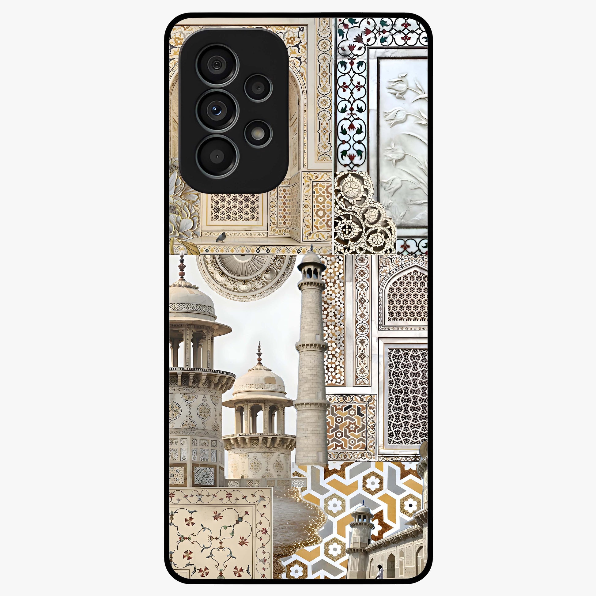 Mughal Marble Legacy Glass Case showing flat back view with intricate Mughal inspired marble pattern and glossy glass finish.