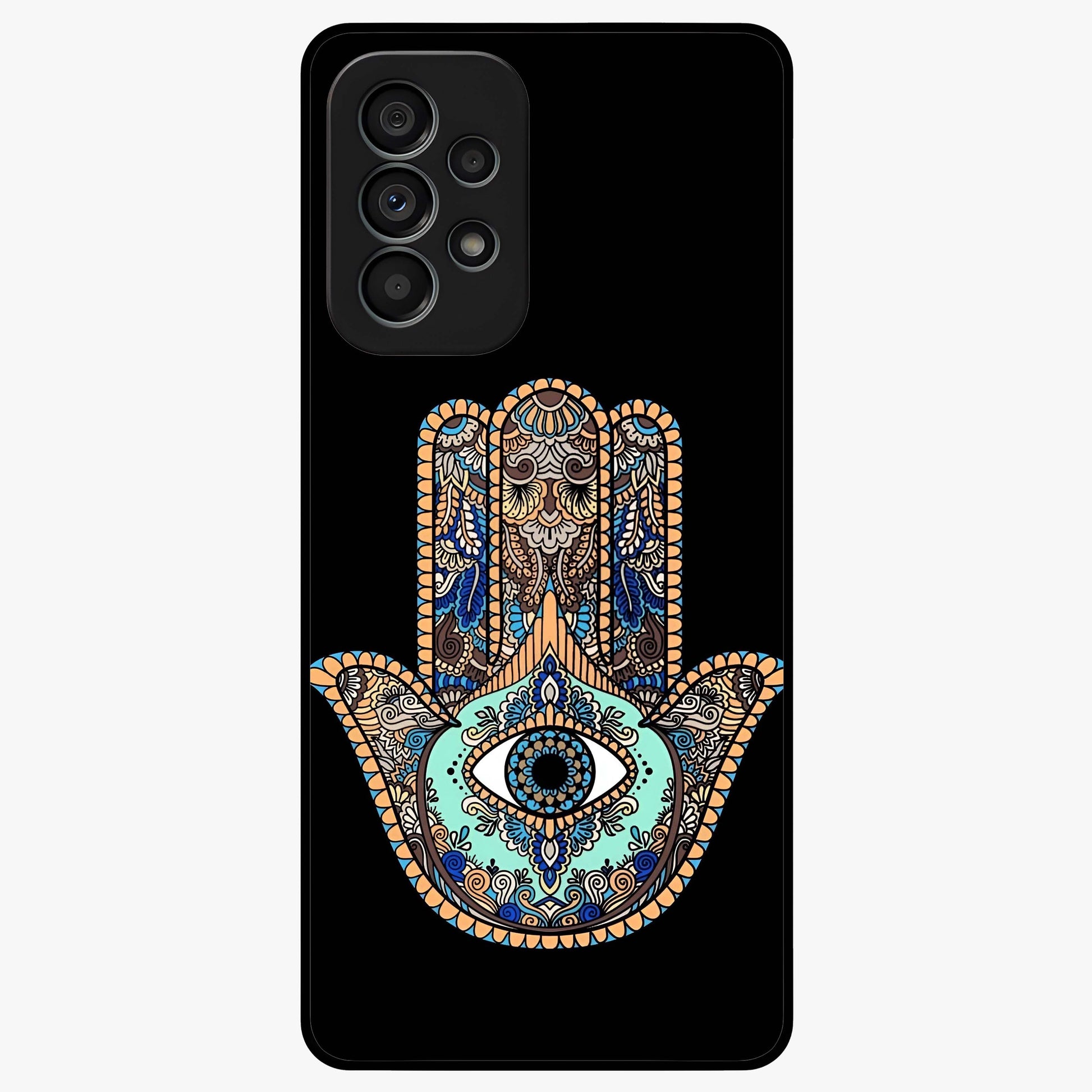 Mystic Hamsa Eye Glass Case showing flat back view with protective hamsa hand and evil eye artwork and glossy glass finish.
