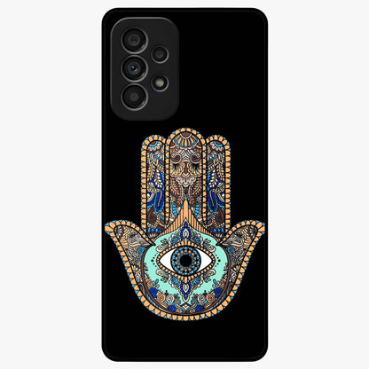 Mystic Hamsa Eye Glass Case showing flat back view with protective hamsa hand and evil eye artwork and glossy glass finish.