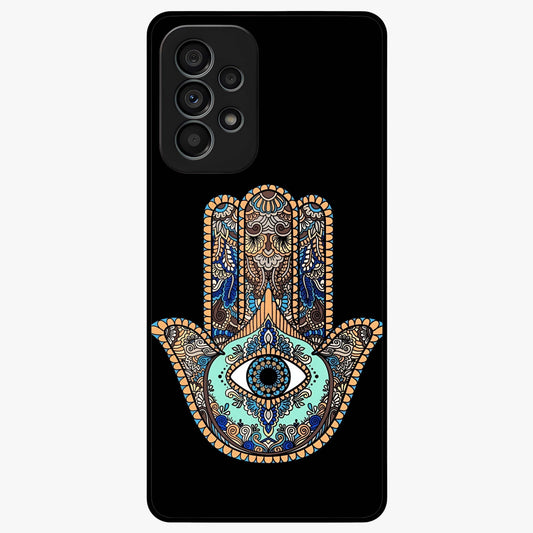 Mystic Hamsa Eye Glass Case showing flat back view with protective hamsa hand and evil eye artwork and glossy glass finish.