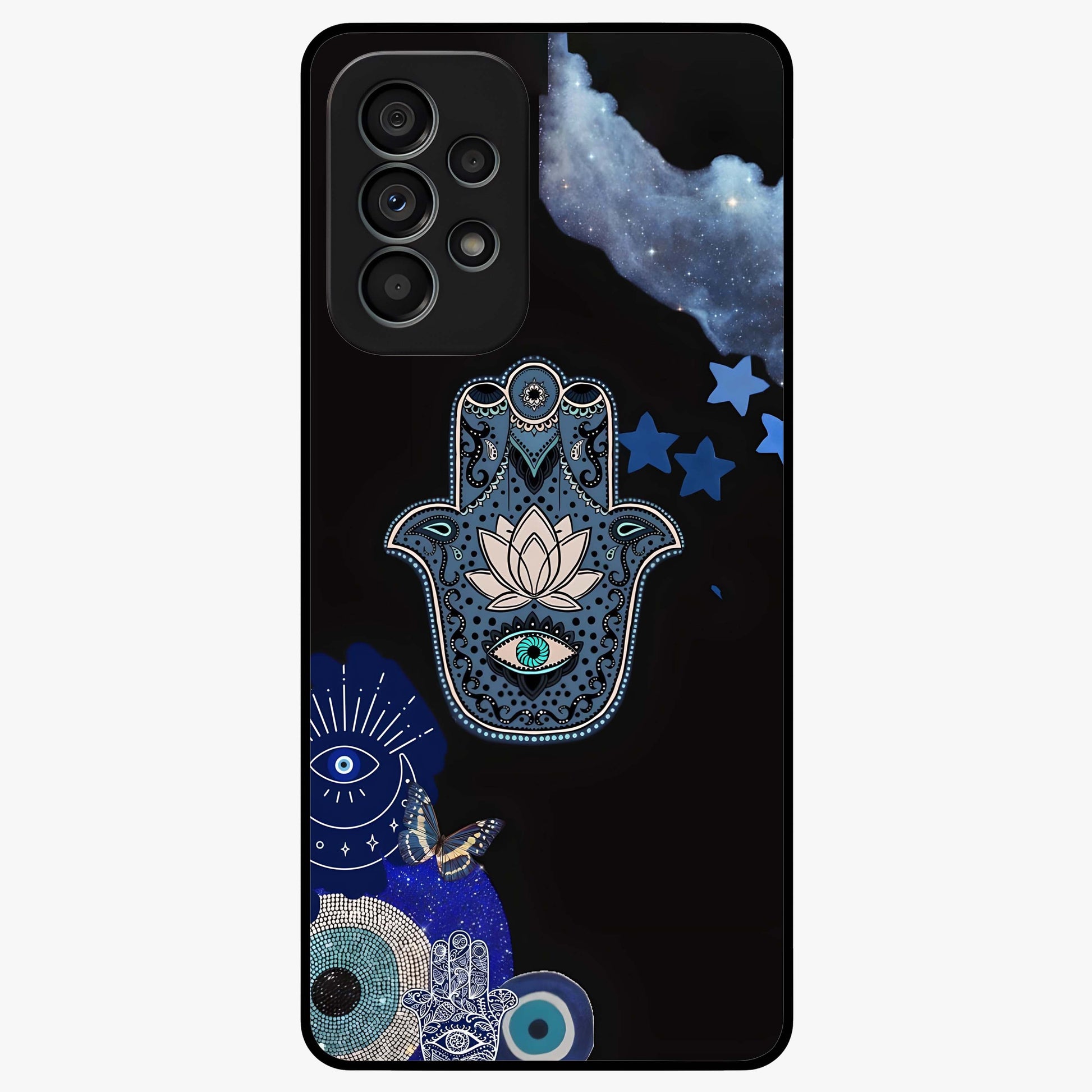 Mystic Hand Aura Glass Case showing flat back view with mystical hand symbol artwork and glossy glass finish.