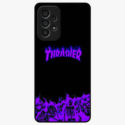 Neon Flame Riot Glass Case showing flat back view with neon flame artwork and glossy glass finish.