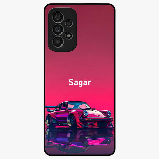 Neon Pink Porsche Glass Case showing flat back view with stylish sports car artwork and glossy glass finish.