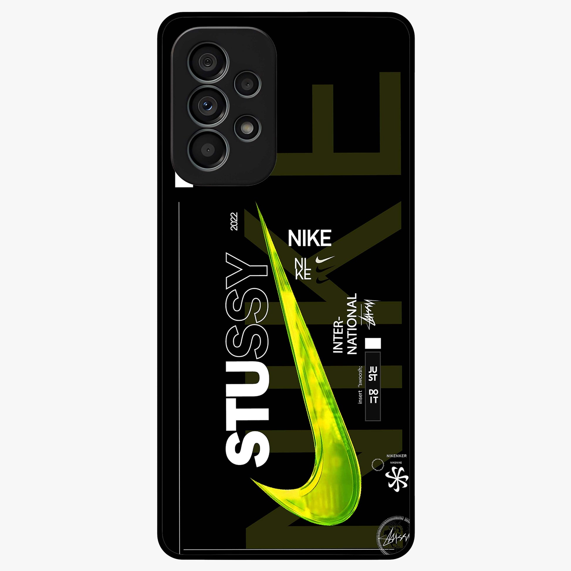 Neon Street Edition Glass Case showing flat back view with neon street style artwork and glossy glass finish.