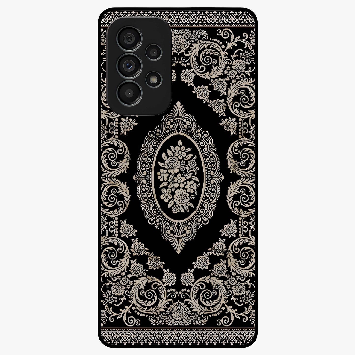 Noir Bloom Elegance Glass Case showing flat back view with elegant dark floral artwork and glossy glass finish.