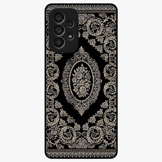 Noir Bloom Elegance Glass Case showing flat back view with elegant dark floral artwork and glossy glass finish.