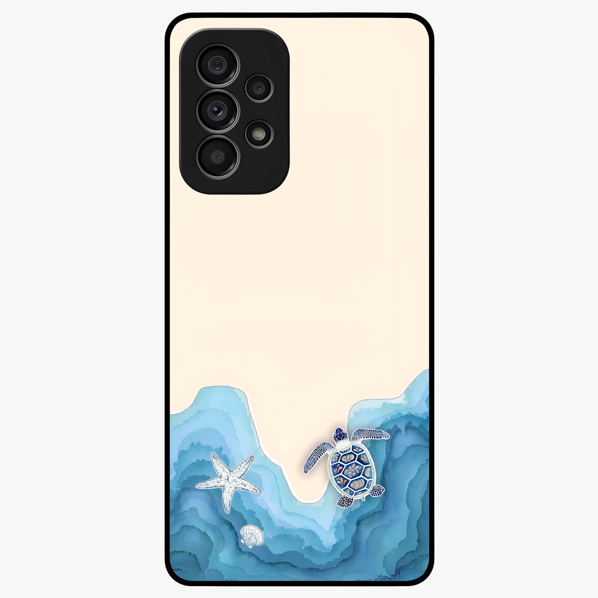 Ocean Drift Turtle Glass Case showing flat back view with sea turtle artwork and glossy glass finish.