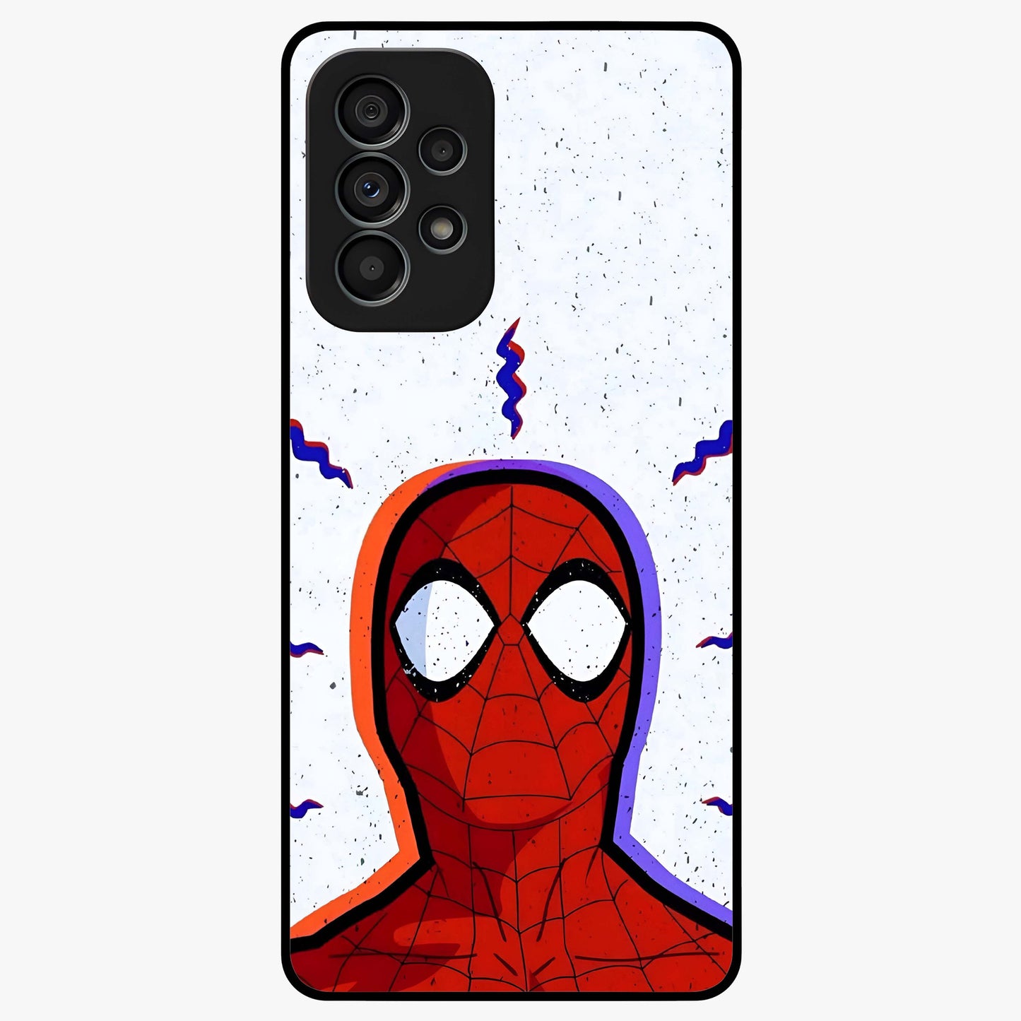 Omg Spiderman Glass Case showing flat back view with bold superhero inspired artwork and glossy glass finish.