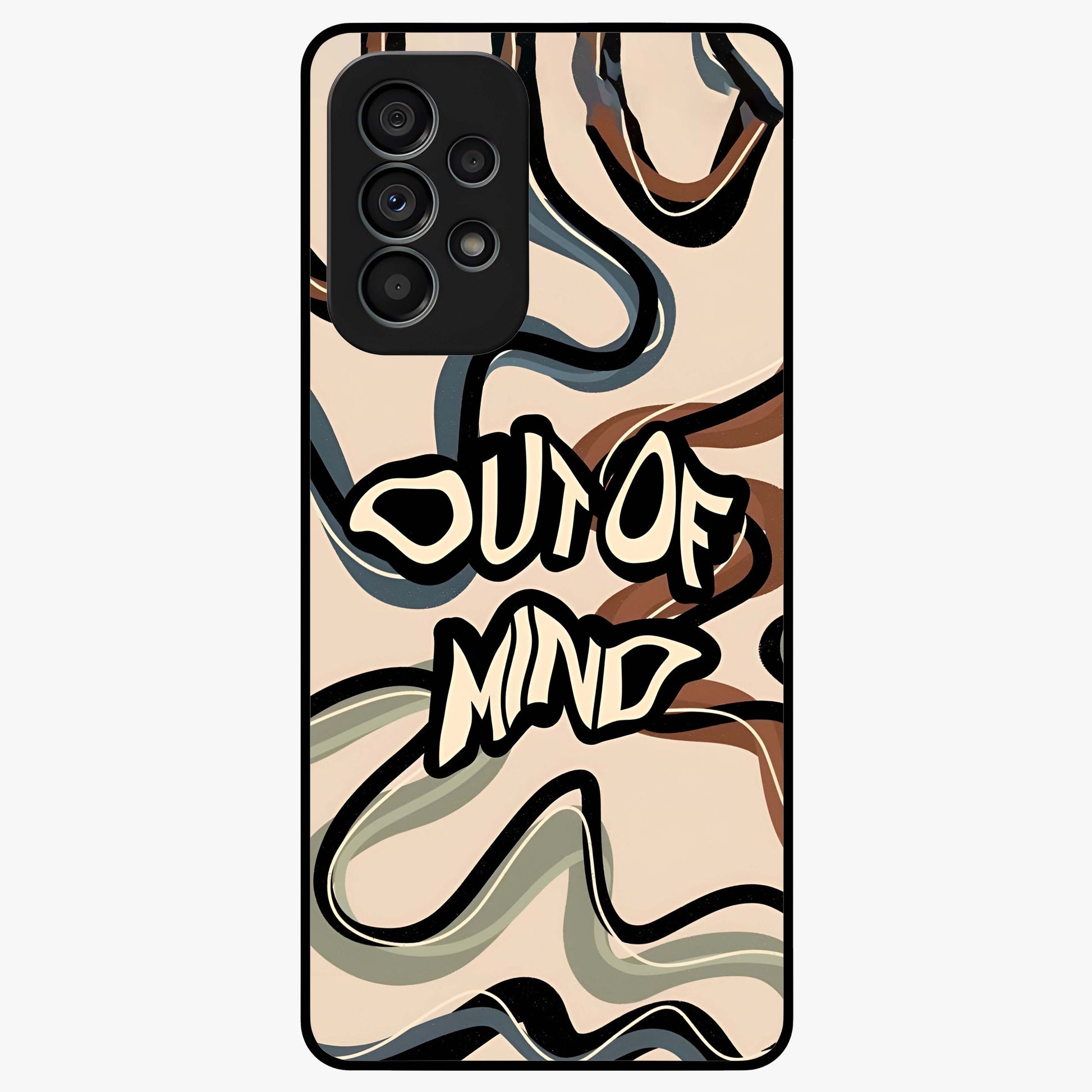 Out Of Mind Glass Case showing flat back view with expressive typography artwork and glossy glass finish.